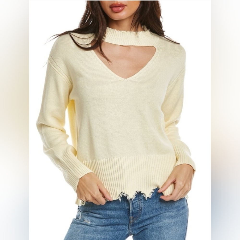 NWT Revolve 525 America Gigi Sweater Cream 100% Cotton Distressed Hem V-Neck XS